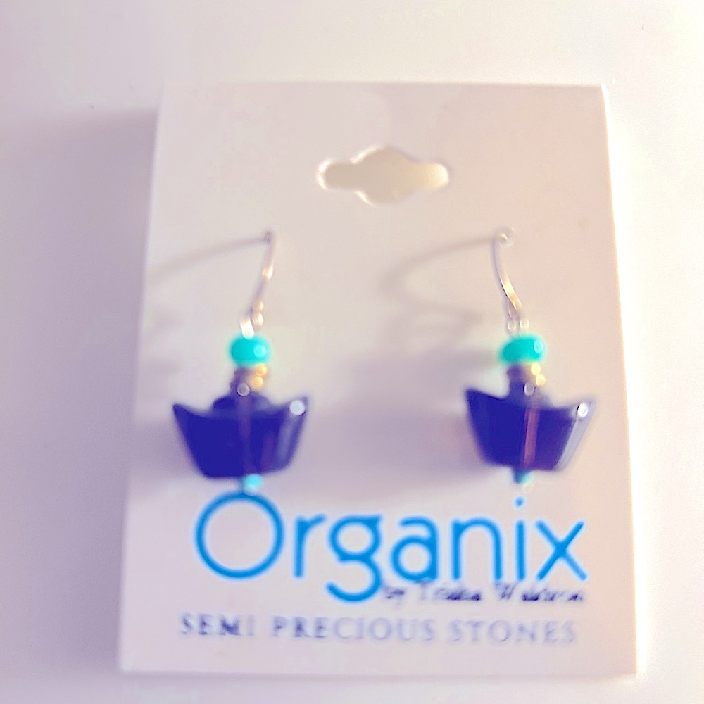 NWT earrings Organix Smoky Quartz stone blue beads pierced drop hook